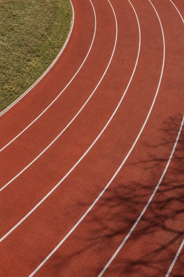 Pista de atletismo vermelha vista do alto, com raias curvas, gramado e sombras de galhos.