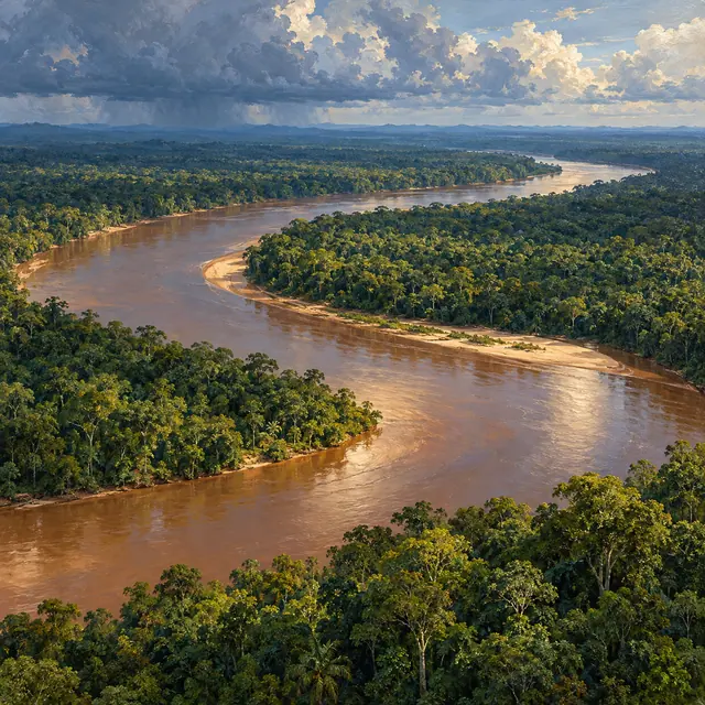 Pintura a óleo de um rio sinuoso na Amazônia, com floresta densa, bancos de areia e grandes nuvens.