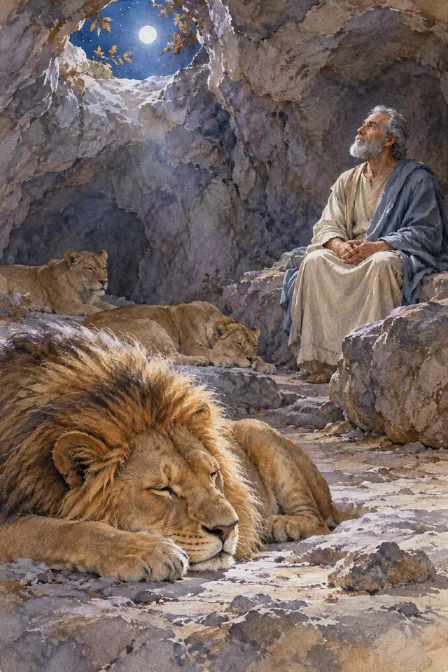 Aquarela de Daniel sentado na cova com um leão e duas leoas tranquilos sob a luz da lua.