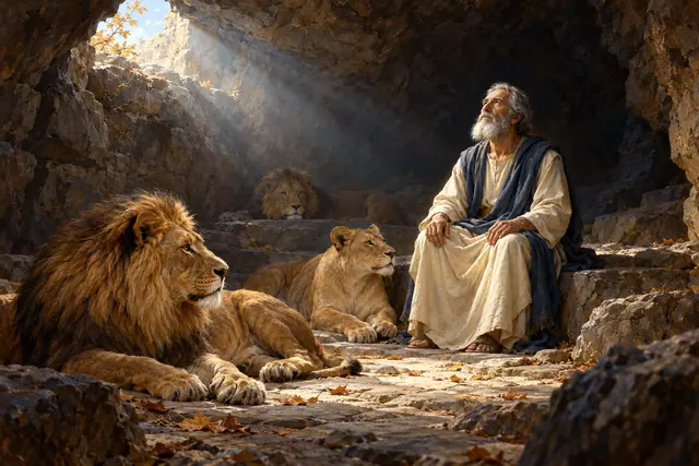 Daniel sentado em uma cova com três leões tranquilos, iluminado pela luz que entra por uma abertura entre as rochas.