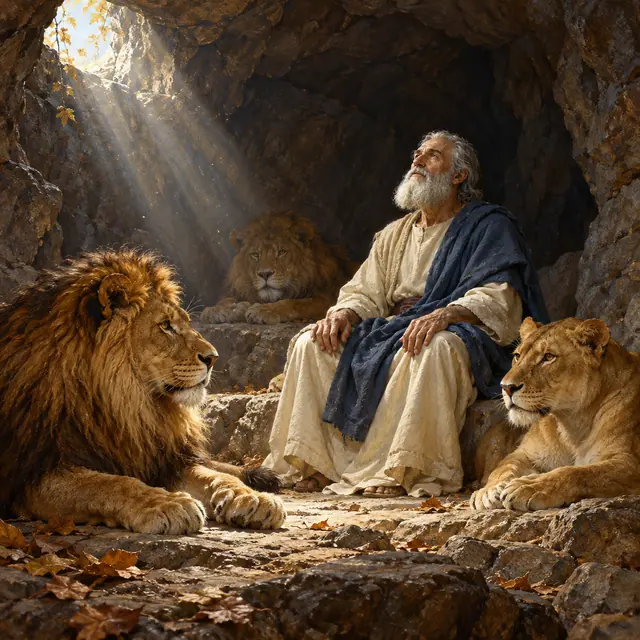 Daniel sentado em uma cova rochosa com três leões tranquilos, iluminado por um feixe de luz da manhã.