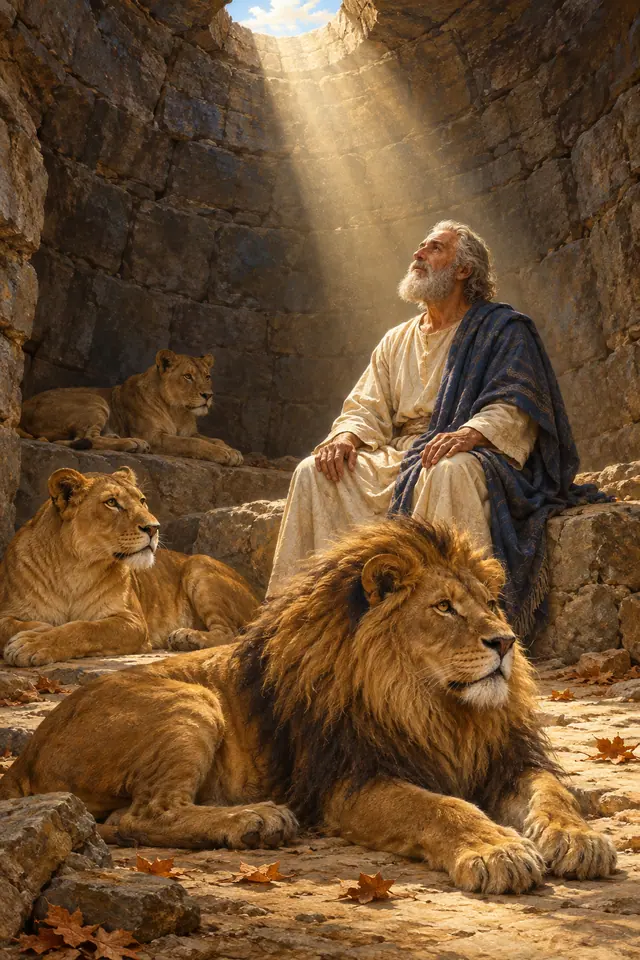 Daniel sentado em uma cova de pedra com três leões tranquilos, sob a luz que entra por uma abertura no alto.