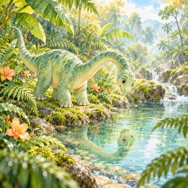 Dinossauro verde observa seu reflexo em um lago na selva, entre flores, samambaias e pequenas cachoeiras.
