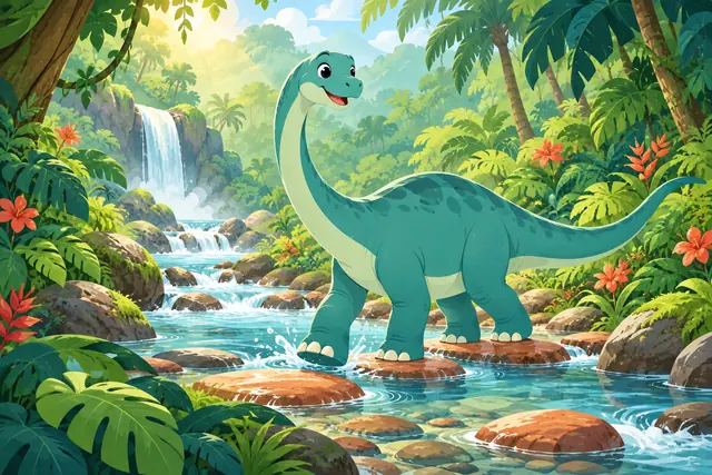 Dinossauro verde sorridente atravessa um riacho entre pedras, flores e folhagens tropicais, com cachoeira ao fundo.