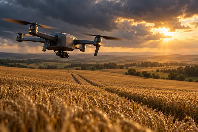 Drone com câmera sobrevoa trigo dourado sob nuvens escuras e raios de sol no fim da tarde.