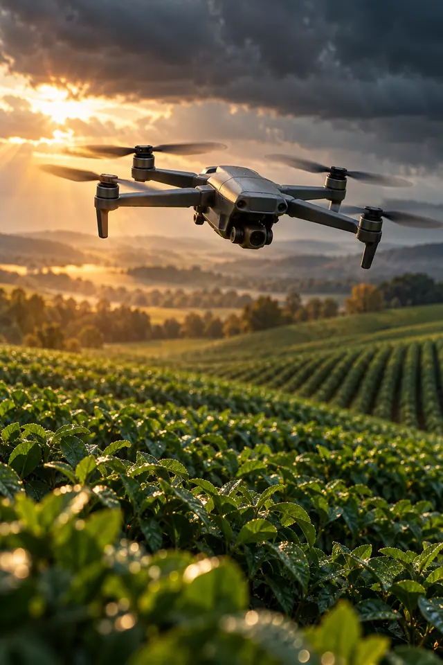 Drone com câmera sobrevoa lavoura verde sob nuvens escuras e raios dourados de sol.