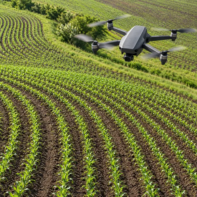 Drone cinza com câmera sobrevoa fileiras curvas de plantas verdes, com solo marrom e vegetação entre os campos.