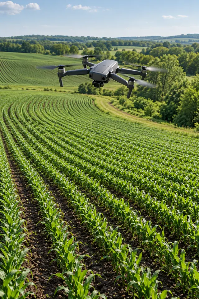 Drone cinza sobrevoa fileiras curvas de uma lavoura verde, com árvores e colinas ao fundo sob céu azul.