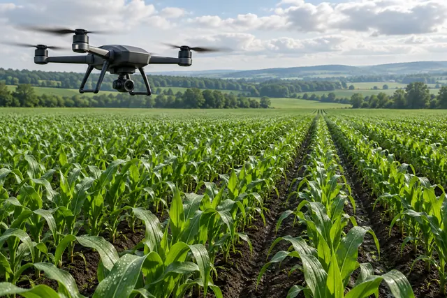 Drone com câmera voa sobre fileiras de milho verde, com árvores, colinas e céu parcialmente nublado ao fundo.