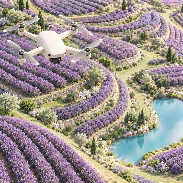 Drone branco sobrevoa terraços de lavanda, caminhos verdes e um lago azul em uma cena 3D de tons pastel.