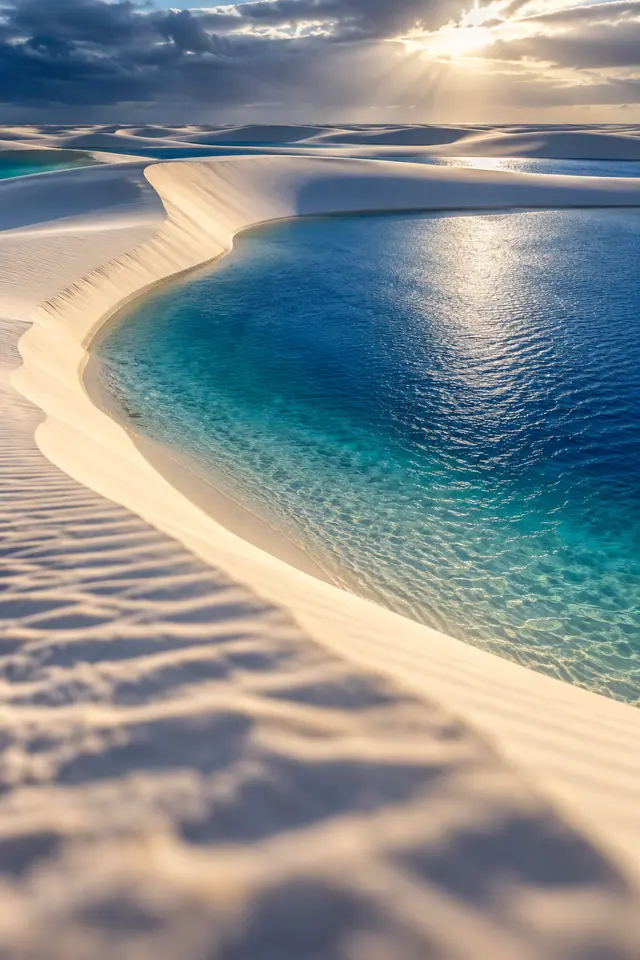 Dunas brancas contornam lagoa azul nos Lençóis Maranhenses sob raios de sol que atravessam nuvens escuras.