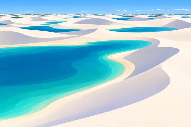 Ilustração de dunas brancas com sombras lilases e lagoas azuis e turquesa sob céu claro, inspirada nos Lençóis Maranhenses.