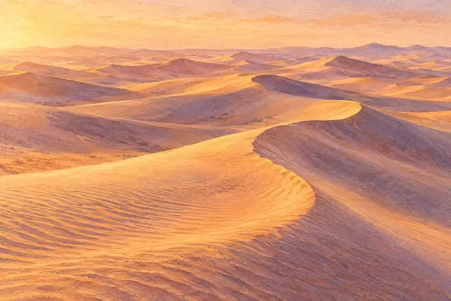 Aquarela de dunas douradas com ondulações na areia e sombras de lavanda sob um céu em tons de pêssego.