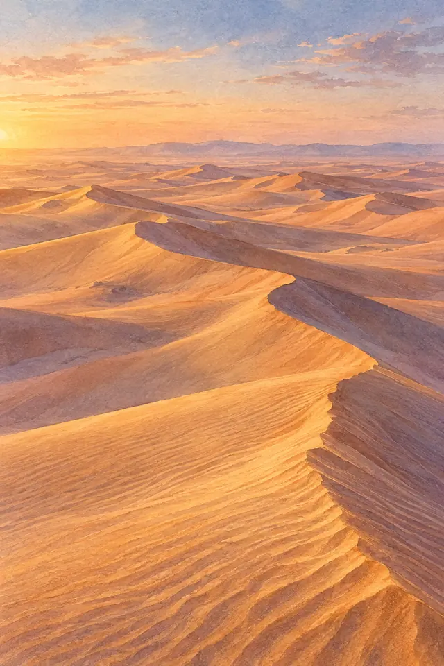 Aquarela de dunas douradas com ondulações na areia e sombras lilases sob o céu alaranjado do entardecer.