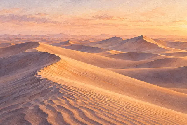 Aquarela de dunas douradas com ondulações na areia e sombras lilases sob um céu pêssego ao entardecer.