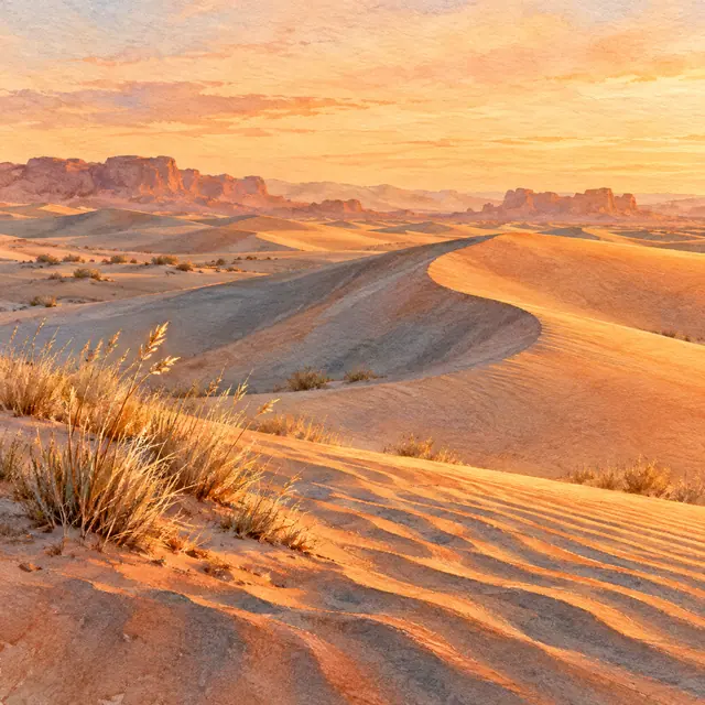 Aquarela de dunas alaranjadas com capins secos, sombras azuladas e paredões rochosos sob o céu de entardecer.