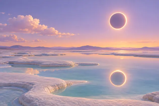 Eclipse anular no céu lilás refletido em águas azuis entre bancos de sal, com nuvens rosadas e montanhas ao fundo.