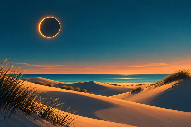Eclipse solar com anel dourado sobre dunas com vegetação, mar azul e horizonte alaranjado.