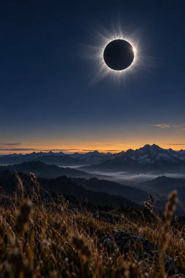 Eclipse solar com coroa prateada sobre montanhas nevadas, vales com névoa e capins desfocados em primeiro plano.