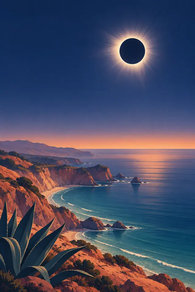Ilustração de eclipse solar no céu azul sobre falésias alaranjadas, mar turquesa e folhas de agave.