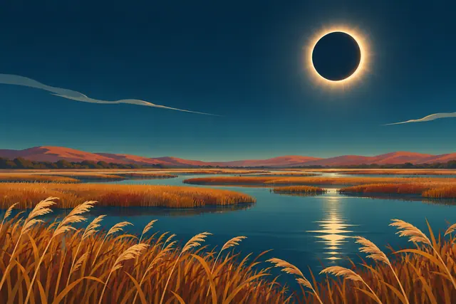 Ilustração de eclipse solar sobre um alagado com juncos dourados, colinas terracota e reflexo luminoso na água.