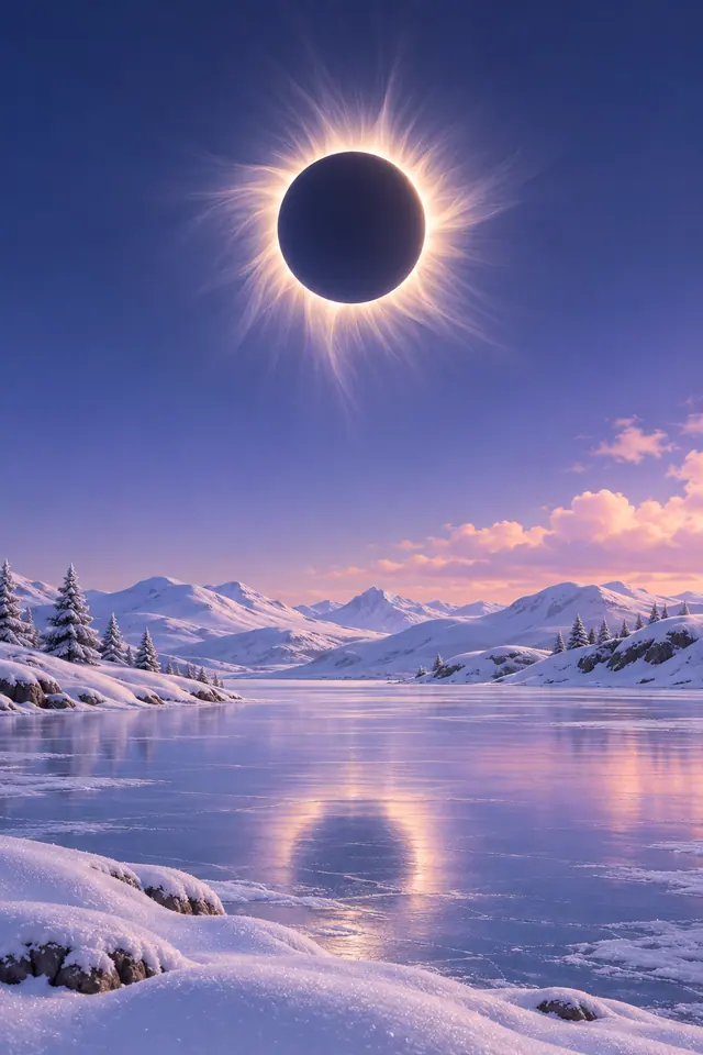 Eclipse solar com coroa luminosa sobre lago congelado, montanhas nevadas e pinheiros sob céu azul e nuvens rosadas.