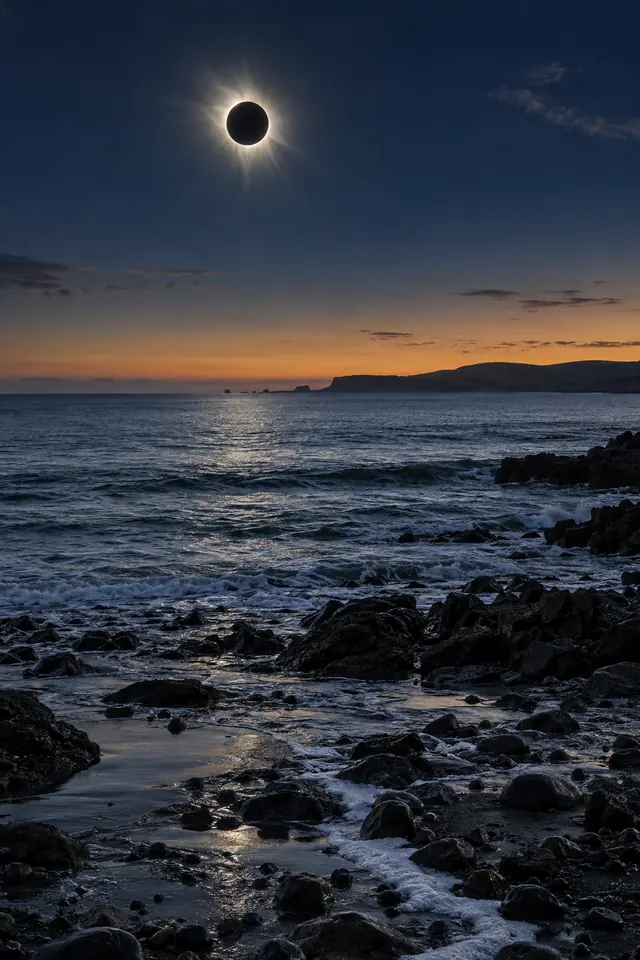 Eclipse solar com coroa luminosa sobre o mar, horizonte alaranjado e praia de rochas escuras com espuma.