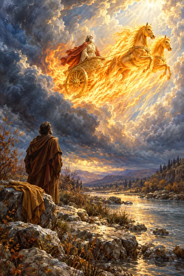 Elias em uma carruagem de fogo ascende entre nuvens, enquanto Eliseu observa à margem do rio Jordão.