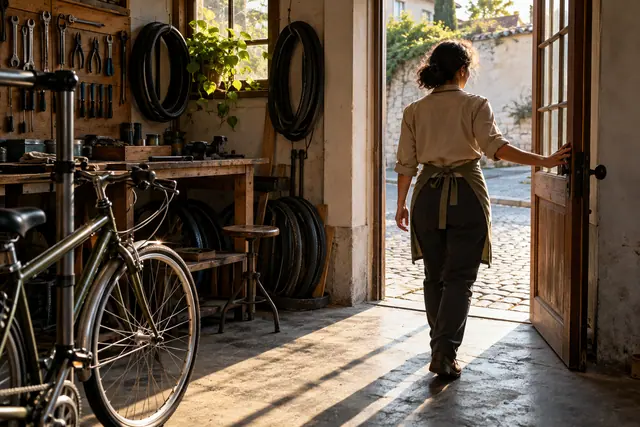 Mulher de costas abre a porta de uma oficina de bicicletas, com ferramentas na parede e luz da manhã no piso.