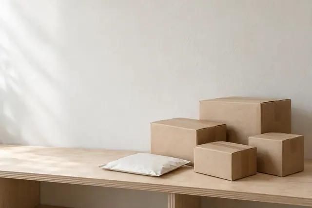 Quatro caixas de papelão e um envelope branco sobre prateleira de madeira clara, com parede vazia ao fundo.