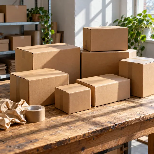 Caixas de papelão seladas sobre bancada de madeira, com fita, papel kraft e plantas ao fundo sob luz natural.