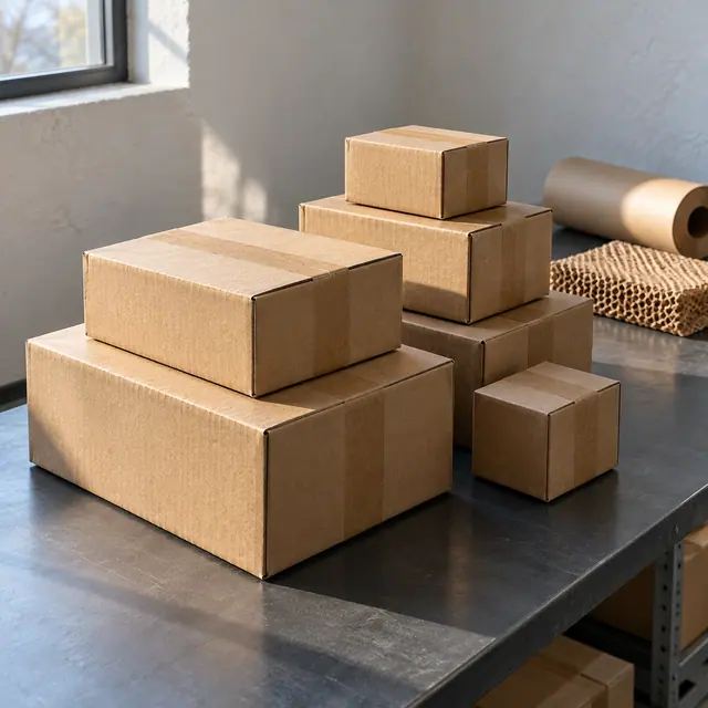 Caixas de papelão fechadas sobre bancada metálica iluminada pela janela, com papel kraft e material de proteção ao fundo.