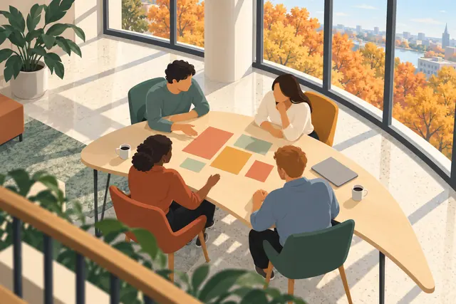 Ilustração de quatro colegas em reunião numa mesa curva, com grandes janelas e árvores de outono ao fundo.