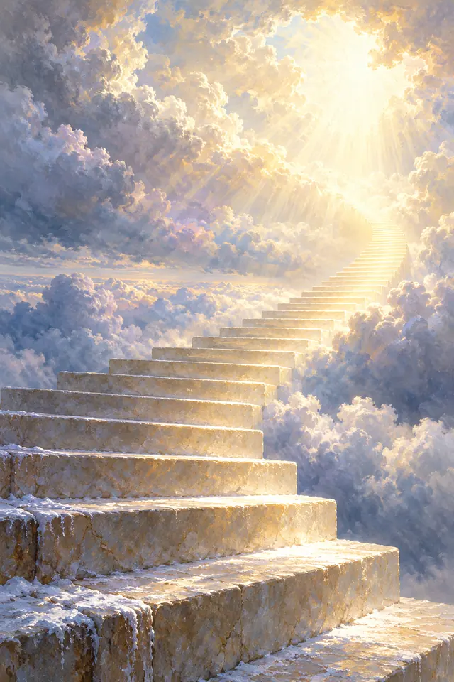 Escadaria de pedra clara entre nuvens azuladas, iluminada por raios dourados que atravessam uma abertura no céu.