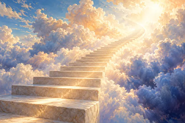 Escadaria clara sobe entre nuvens douradas e sombras azuladas em direção a uma luz intensa no céu.