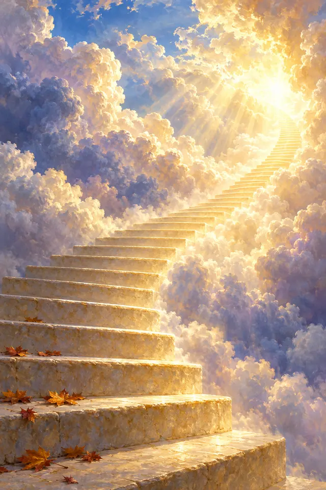 Escadaria de pedra entre nuvens iluminadas por luz dourada, com folhas de outono nos degraus, em pintura a óleo.