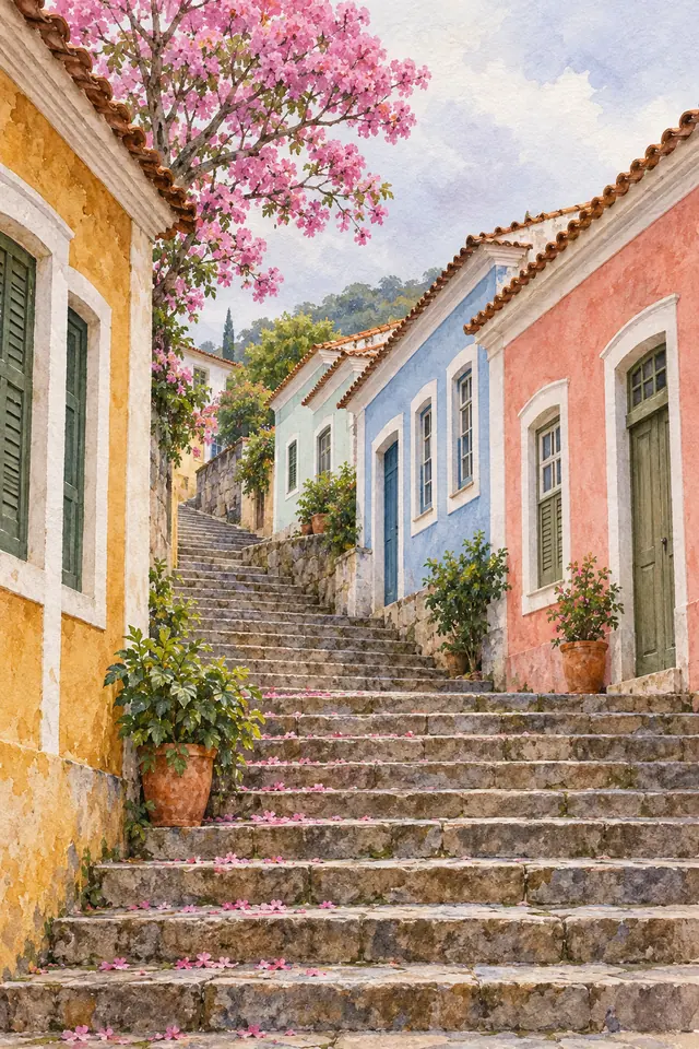 Aquarela de uma escadaria de pedra entre casas coloniais coloridas, vasos de plantas e um ipê com flores rosas.