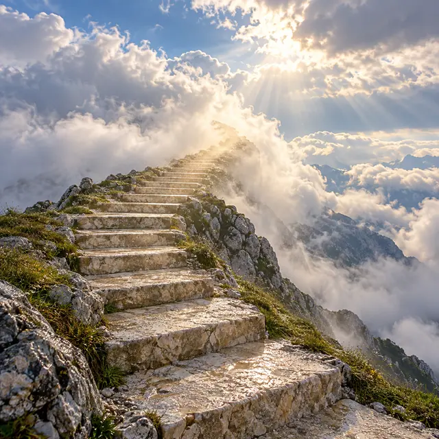 Escadaria de pedra sobe por uma montanha entre nuvens, iluminada por raios de sol que atravessam o céu.
