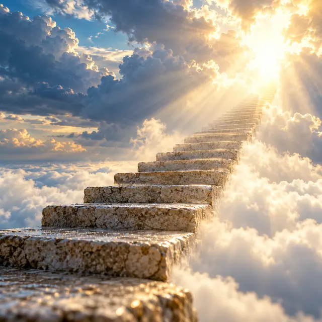 Escadaria de pedra sobe entre nuvens brancas em direção a uma abertura de luz dourada no céu.