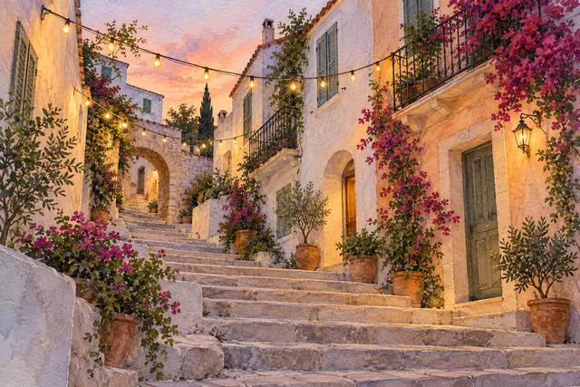 Aquarela de escadaria entre casas claras, flores magenta e varais de luz sob o céu rosado do entardecer.
