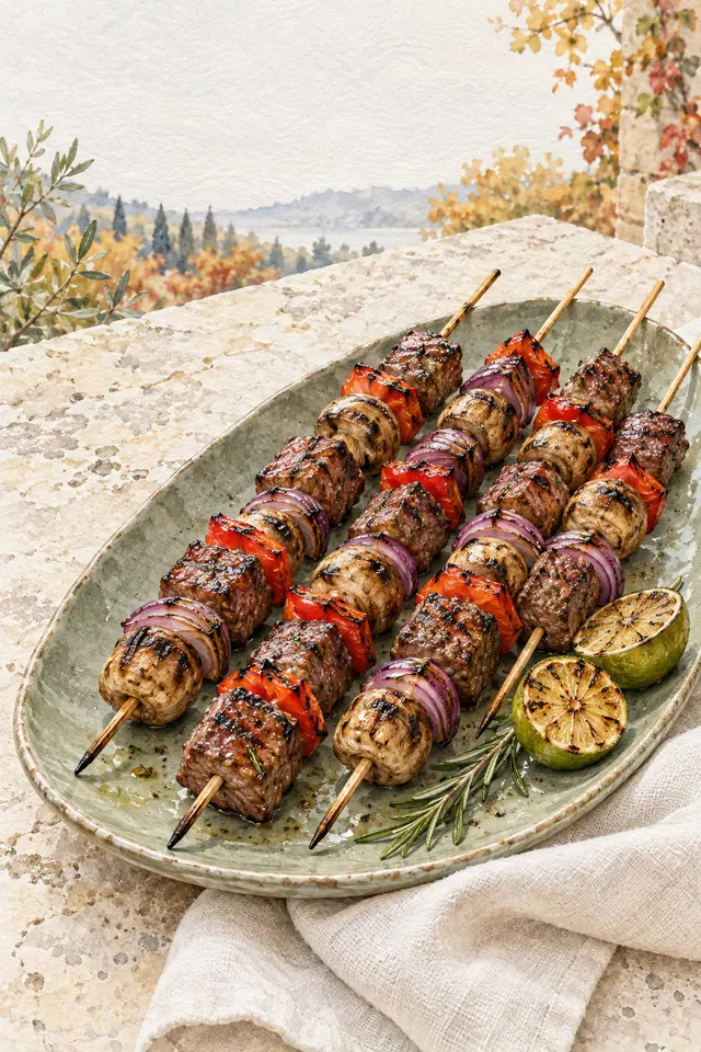 Aquarela de espetinhos de carne, cogumelos, pimentão e cebola em travessa verde com limões grelhados e alecrim.