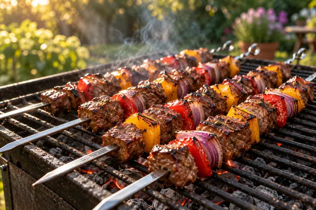 Espetinhos de carne com pimentões e cebola roxa sobre a brasa, com fumaça suave e jardim ao fundo.