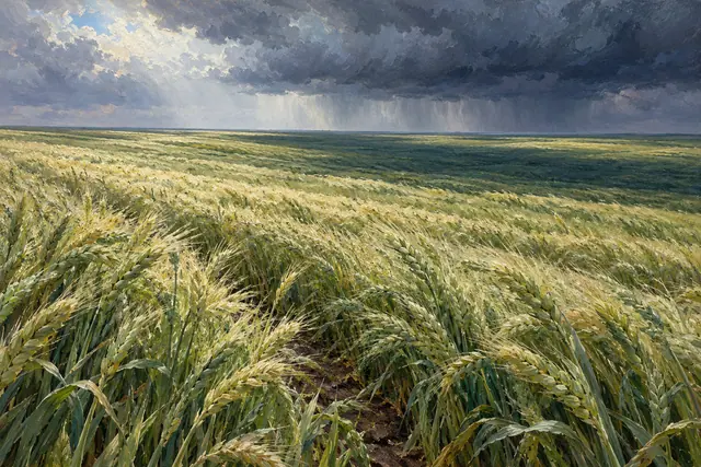 Pintura a óleo de espigas verdes e douradas ao vento, com nuvens escuras e chuva distante no horizonte.