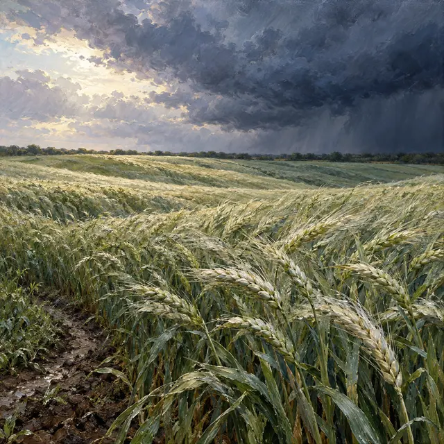 Pintura a óleo de trigo verde ao vento, trilha de terra e nuvens de tempestade com luz à esquerda.