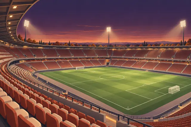 Estádio de futebol vazio com arquibancadas terracota, refletores acesos e céu roxo e laranja no crepúsculo.
