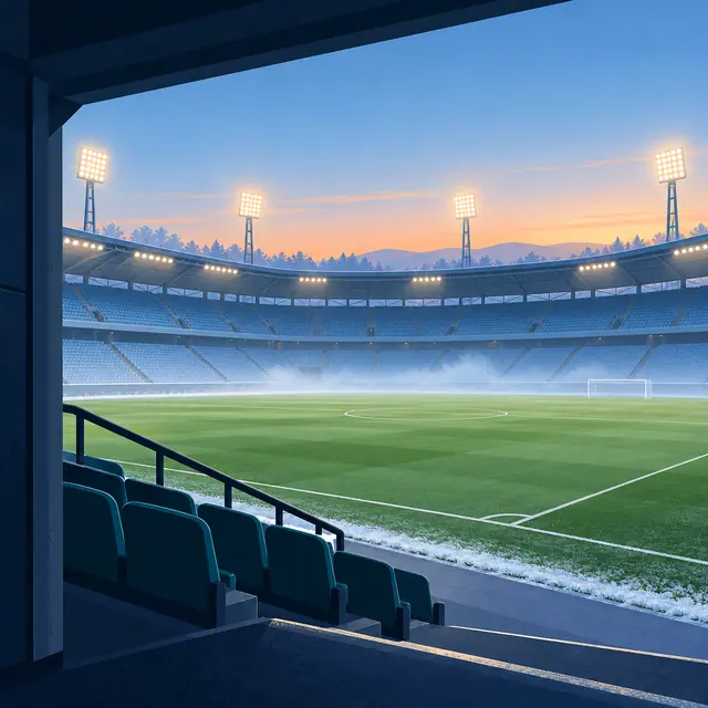 Estádio vazio ao amanhecer, com refletores acesos, arquibancadas azuis e geada junto ao gramado.