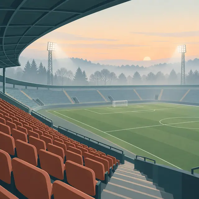 Estádio vazio com assentos terracota, gramado verde e refletores acesos na neblina ao amanhecer.