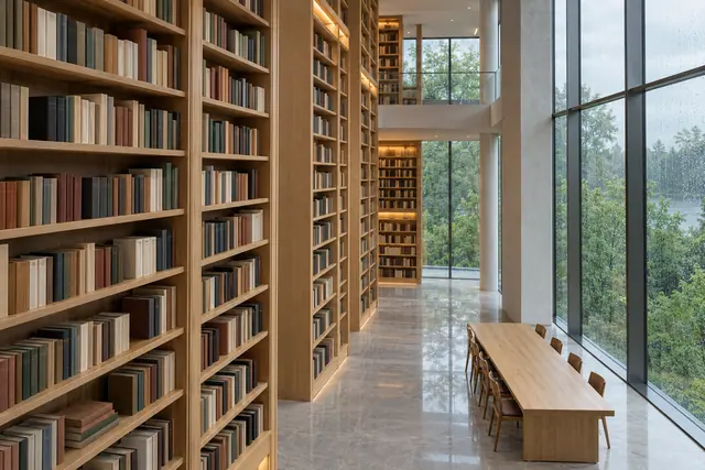 Biblioteca com estantes altas de madeira, mesa de leitura e grandes janelas com gotas de chuva e árvores ao fundo.