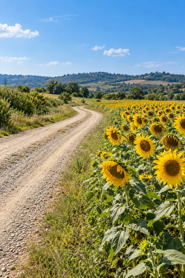 Estrada de terra curva ao lado de um campo de girassóis, com colinas verdes e céu azul em uma manhã de verão.