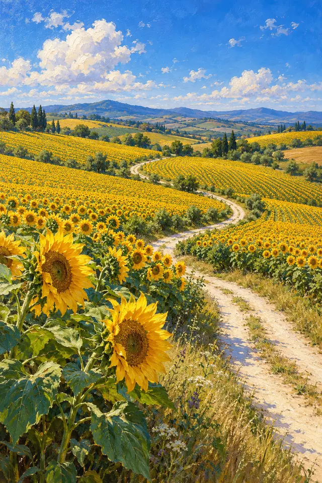 Pintura a óleo de estrada sinuosa entre campos de girassóis, com colinas e céu azul em uma manhã de verão.